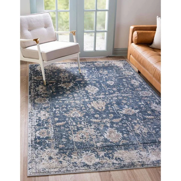 Porch & den Regal Distressed Floral Field Area Rug - 5& x 8& - Blue