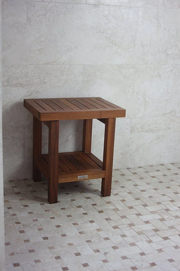 AquaTeak The Original 18x22 Spa Teak Shower Bench with Shelf, 18" x 13" x 18"