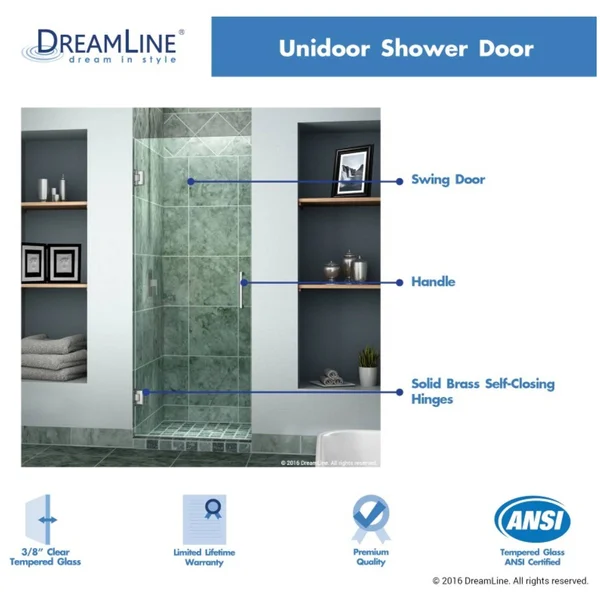 DreamLine SHDR-20267210F-04 Unidoor 26 in. W x 72 in. H Frameless Hinged Shower Door Brushed Nickel