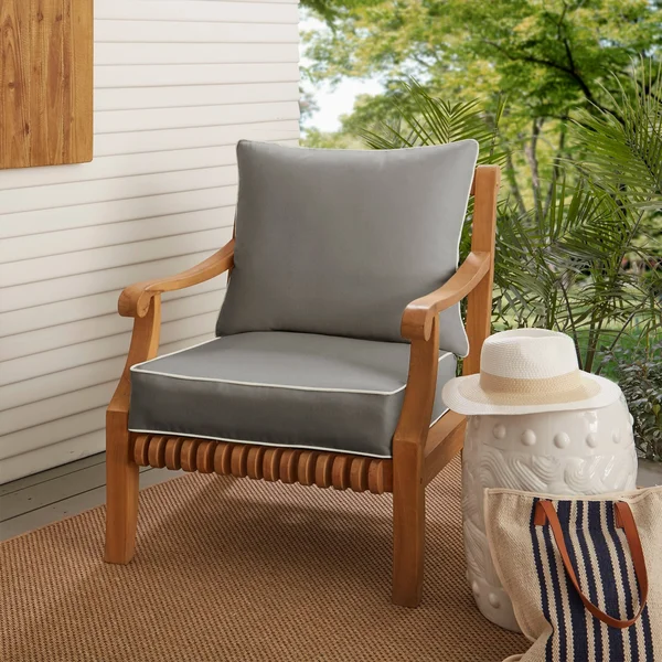 Humble and Haute Sunbrella Charcoal Grey with Ivory Indoor/Outdoor Chair Cushion and Pillow Set, Corded