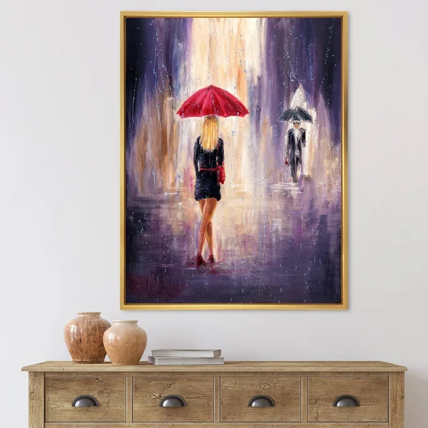 Designart 'The Woman with The Umbrella Walking in The Rain II' French Country Framed Canvas Wall Art Print - 12 in. Wide x 20 in