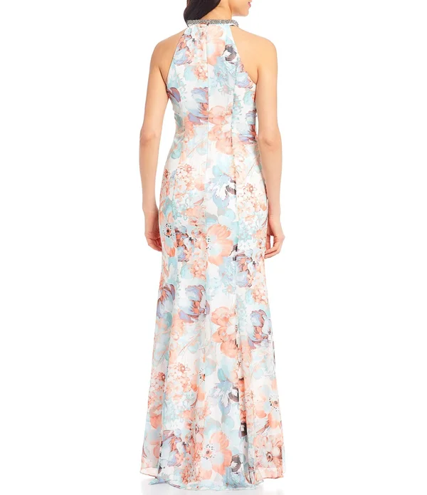 Calvin Klein Beaded Halter Neck Sleeveless Floral Print Chiffon Gown - 12