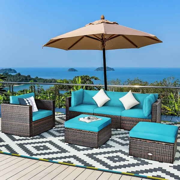 Costway 6-Piece PE Rattan Outdoor Sectional Set with Turquoise Cushions