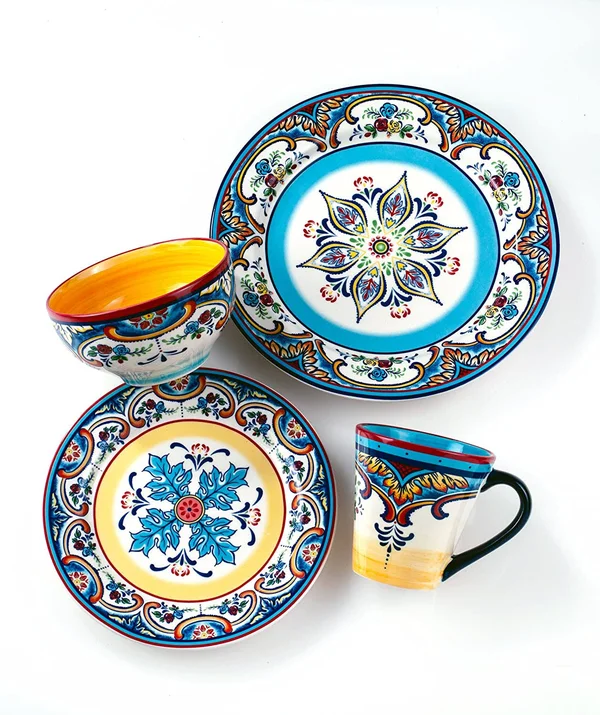 Euro Ceramica Inc. ys-zb-1001 Zanzibar Collection Vibrant Ceramic Earthenware Dinnerware Set, 16 Piece, spanish/mexican Floral D