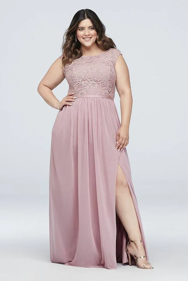 David&s Bridal Long Bridesmaid Dress with Lace Bodice - Desert Coral, 12