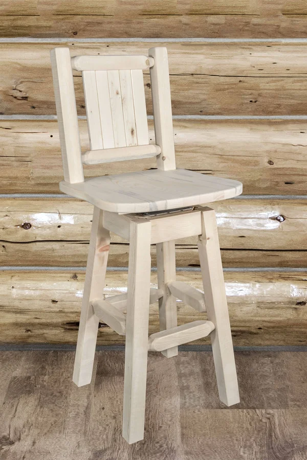Montana Woodworks MWHCBSWSNRLZBEAR Homestead Barstool with Back & Swivel with Laser Engraved Bear Design