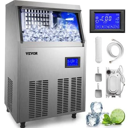 Vevor 110V Commercial Ice Maker 110-120LBS/24H with 33lbs Bin and Electric Water Drain Pump, Clear Cube, Stainless Steel Constru