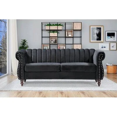 Cheree 76.4x22 Velvet Rolled Arm Chesterfield Sofa Rosdorf Park Fabric: Black