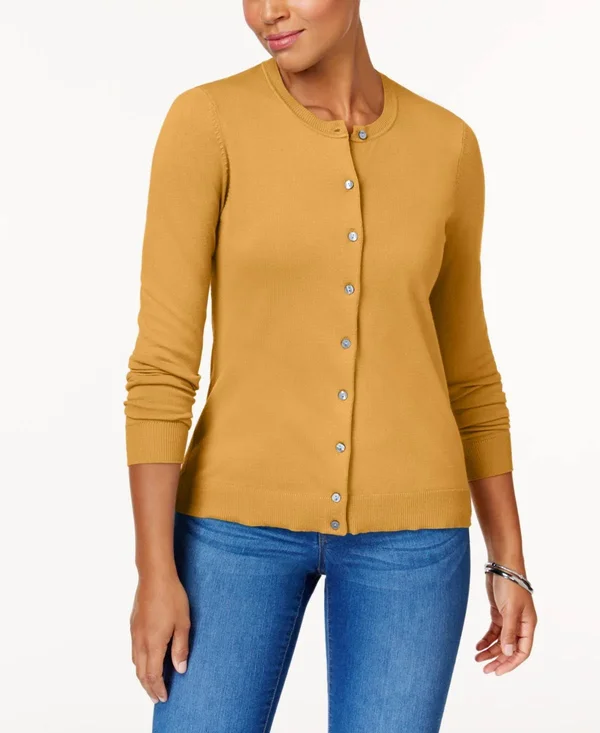 Karen Scott-Crew-Neck Cardigan-Regular-XL, Women's, Gold