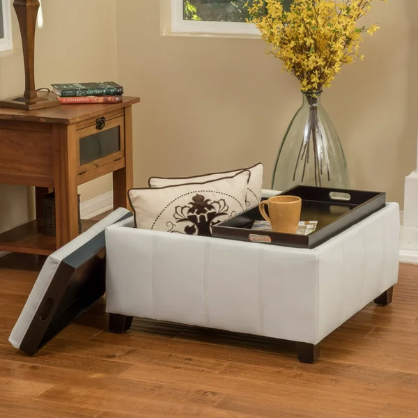 Justin Red Leather Tray Top Storage Ottoman