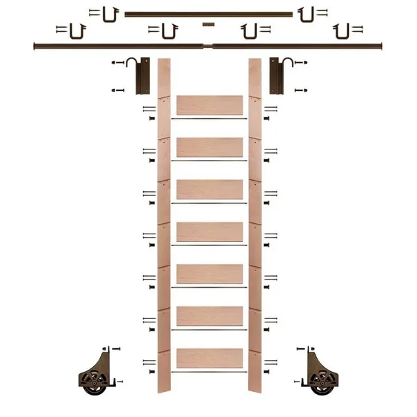 E-Glide 92 in. Un-Finished Red Oak Library Ladder Bronze Sliding Hook Ladder Kit with 12 ft. Rail - EG.300-92RO-12.07
