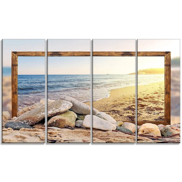 Design Art 'Framed Beach Rocks' Photographic Print on Wrapped Canvas, Size: 20 inch H x 40 inch W x 1 inch D, Blue