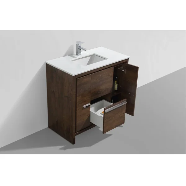 KubeBath - Dolce 36x22 Rose Wood Modern Bathroom Vanity with White Quartz Counter-Top