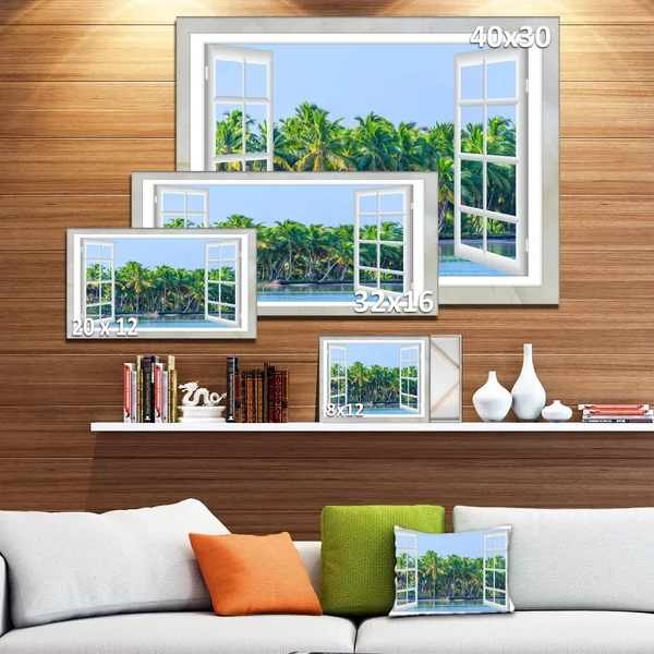 Design Art Open Window to Seashore Palms Graphic Art on Wrapped Canvas - Blue