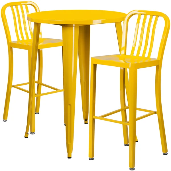 Round Orange Metal Indoor-Outdoor Bar Table Set with 2 Vertical Slat Back Stools