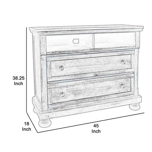 Benjara 2 Drawers Wooden Media Console with Open Compartment and Bun Feet - Brown