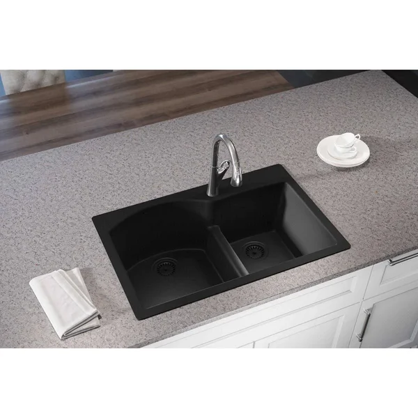 Elkay Quartz Luxe 33 inch Offset 60/40 Double Bowl Drop-In Sink - Caviar ELXH3322RCA0