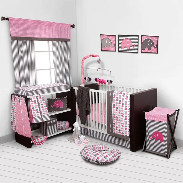 Bacati - Elephants Pink/Grey 10-Piece Nursery in A Bag Girls Crib Baby Bedding Set with 2 Crib Sheets 100% Cotton Fabrics