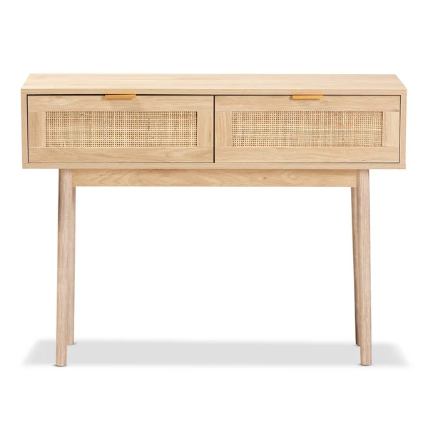 Baxton Studio Baird Mid-Century Modern Finished Wood and Rattan 2-Drawer Console Table Light Oak Brown