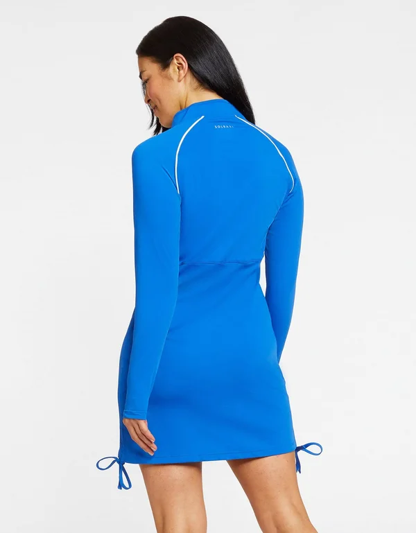 UPF Sun Protective Long Sleeve Swim Dress - Modest Swimwear, Solbari Ocean Blue Dress, White PIPING