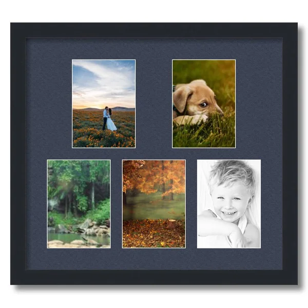 Collage Picture Frame - Satin Black Frame with 5 openings for 5x7 Photos with Blue Jay Mat. D3926FL321, ArtToFrames