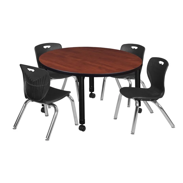 Regency TB42RNDCHAPCBK45BK Kee 42 in. Round Height Adjustable Classroom Table - Cherry & 4 Andy 12-in Stack Chairs Black