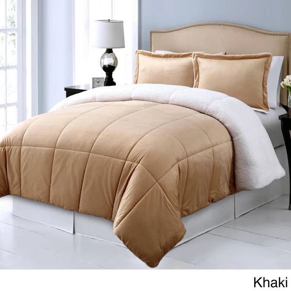 Blue Ridge Home Fashions Microplush Reversible to Micromink Down Alternative 3-Piece Comforter Set Khaki Queen, Brown