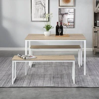 Distressed Brown Three Pieces Farmhouse Kitchen Table Set Latitude Run Table Top Color: Oak - Table Base Color: White, Bench Colo