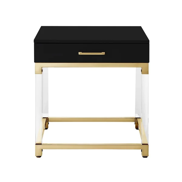 Alvaro High Gloss End Table with Acrylic Legs and Metal Base - Black-Gold