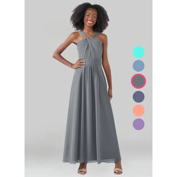 Azazie A-Line/Princess V-Neck Ankle-Length Chiffon Junior Bridesmaid Dresses - Steel Grey