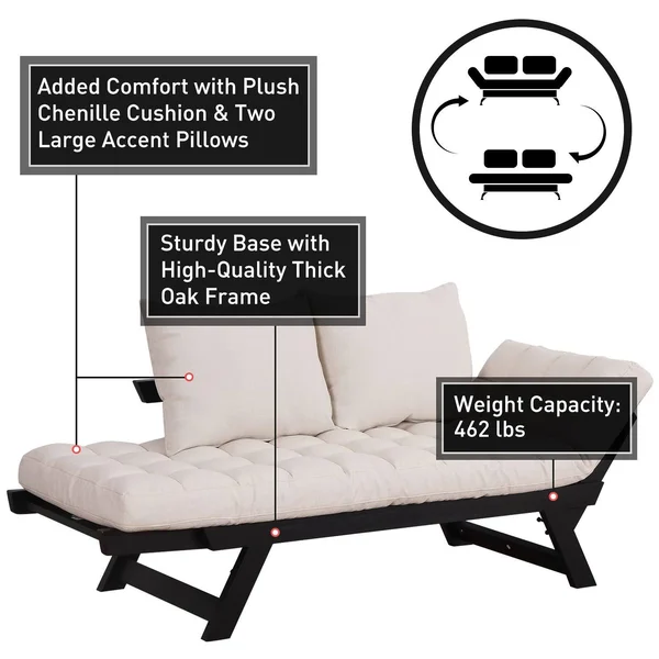 HomCom Black, Cream White Single Person 3-Position Convertible Couch Chaise Lounger Sofa Bed