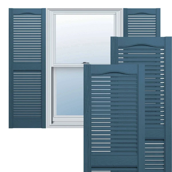12 inchw x 69 inchh Lifetime Vinyl, Custom Straight Top Center Mullion, Open Louver Shutters, Classic Blue