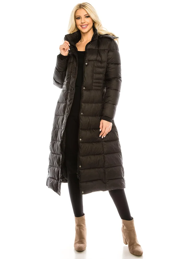Haute Edition Women's Maxi Length Quilted Puffer with Fur Lined Hood - Grey