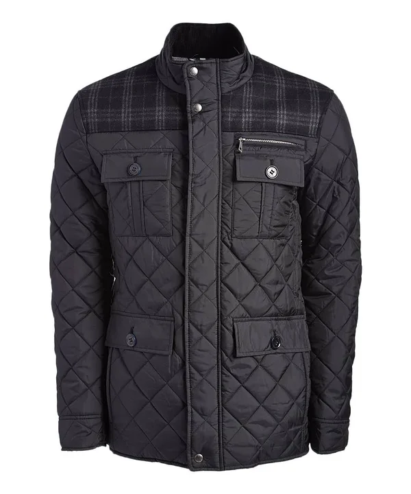 Cole Haan Quilted Plaid-Yoke Mixed-media Jacket, Black, Men's, Medium