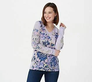 Belle by Kim Gravel TripleLuxe Slub Floralprint V-Neck Knit Top, Size X-Large, Dusty Blue