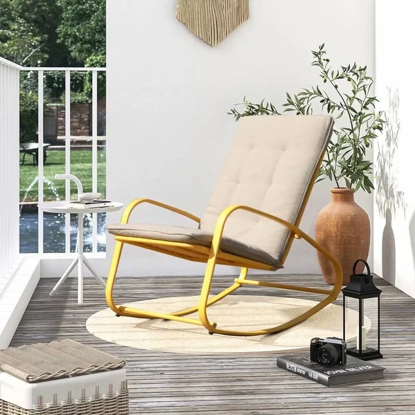 Patio Rocking Chair Padded Steel Rocker Chair - Yellow