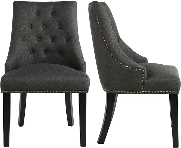 LSSBOUGHT Set of 2 Fabric Dining Chairs Leisure Padded Chairs with Black Solid Wooden Legs - Nailed Trim, Charcoal