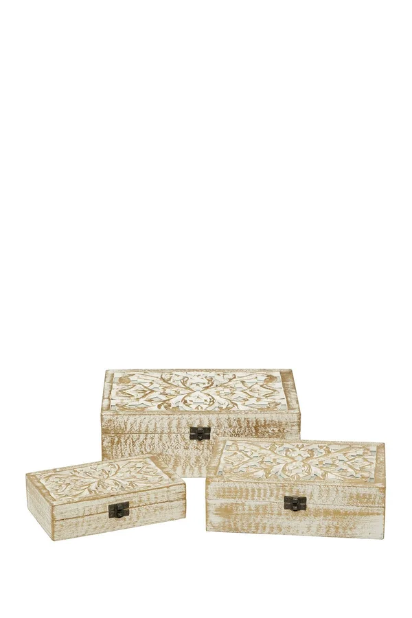 Zimlay Natural Carved Wooden Set of 3 Filigree Boxes 96093