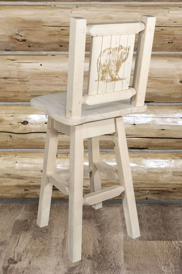 Montana Woodworks MWHCBSWSNRLZBEAR Homestead Barstool with Back & Swivel with Laser Engraved Bear Design