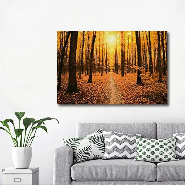 Wall26 - Canvas Wall Art - Landscape with Path in Yellow Forest in Autumn at Sunset - Gallery Wrap Modern Home Decor - Ready to