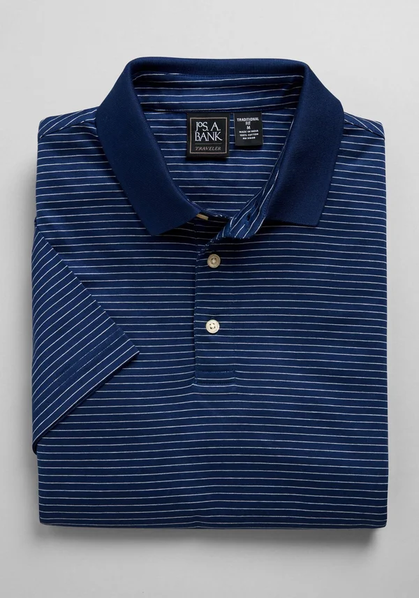 JoS. A. Bank Men's Traveler Collection Traditional Fit Stripe Short-Sleeve Polo Shirt - Navy, x Large