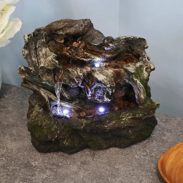 Sunnydaze Aged Tree Trunk Tabletop Fountain with LED Lights, Dark Brown/Cream