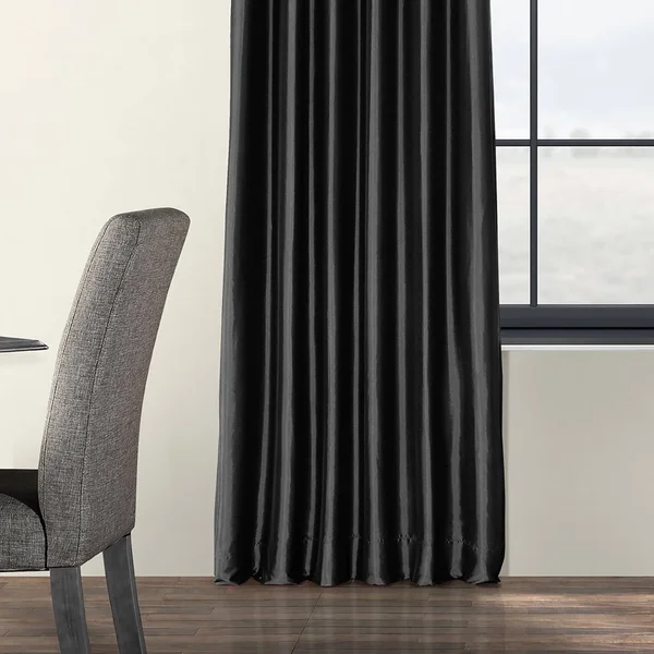 Solid Faux Silk Taffeta Jet Black Curtain Panel