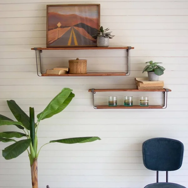 Recycled Wood and Metal Shelves (Set of 2)