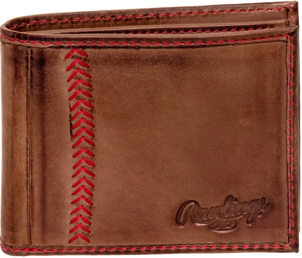 Rawlings Mens Tanned-Leather Baseball Stitch Embroidered Wallet - Dark Brown - 3.9" x 3.6 x 1"