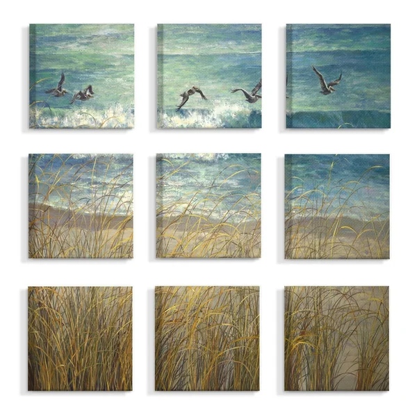 The Stupell Home Decor Collection Beach Dunes and Gulls Blue and Green Ocean Painting 9pc Stretched Canvas Wall Art Set, 12 x 1.