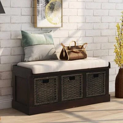 TREXM Rustic Storage Bench with 3 Removable Classic Rattan Basket, Entryway Bench Storage Bench with Removable Cushion (Espress
