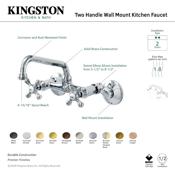 Traditional Two Handle Wall Mount Kitchen Faucet - Brushed Brass