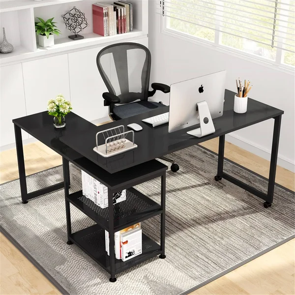 55 inch Corner Computer Desk, Reversible L-Shaped Desk 360癛otating - Black