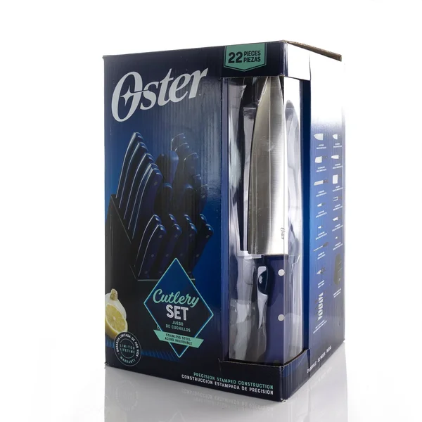 Oster Evansville 22-Piece Stainless-Steel Cutlery Set with BLOCK, Yale Blue